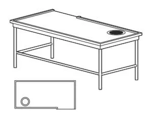 Table de triage avec trou-dechets  20cm  gauche  	Plan pour panier 50x50 - Structure en tube inox AISI 304 	Accrochage avec flange pour connection au lave-vaisselle TCS/A1S